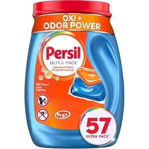 Persil Ultra Pacs Advanced Clean Oxi+Odor Power Laundry Detergent, 57 Count, No Mess, Single-Dose Laundry Soap, Fights Tough Stains & Odors, All Water Temperatures, HE Safe